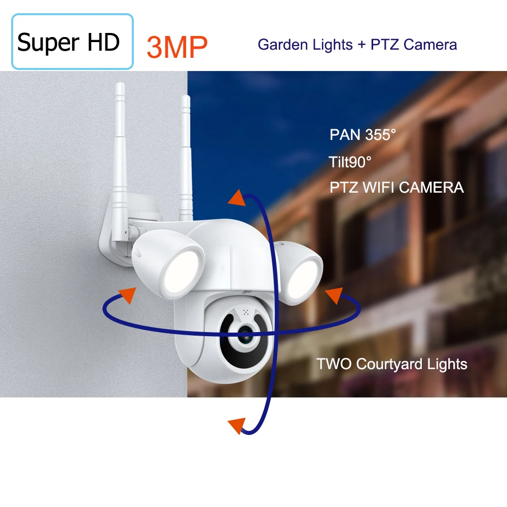 Floodlight Courtyard Lighting WIFI Camera 3MP PTZ Outdoor Wireless IP CCTV IR IP66 Home Garden Security 3M Extend Cable | Безопасность и