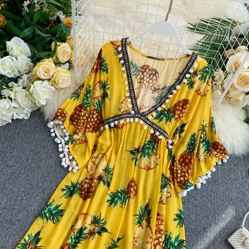 new fashion women's dresses Beach holiday beach feminine V-neck pineapple print decorative dress