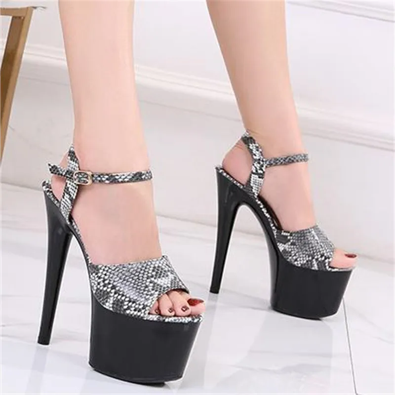 

2020 Summer New Car Models Shoes Women Ultra High Heel Peep Toe Sandals 17/20 cm Waterproof Snakeskin Stiletto Nightclub Shoes