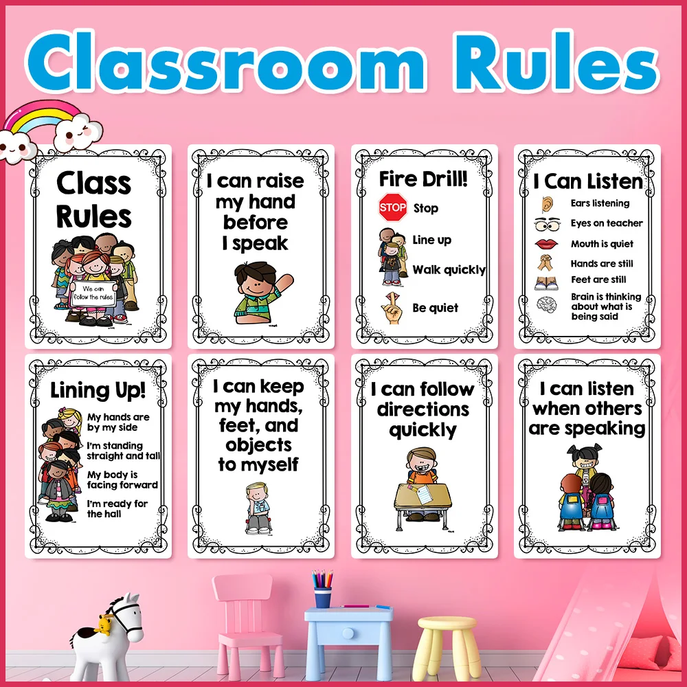 

20Pcs/Set English Classroom Rules Kindergarten A4 Posters Paintings Kids Montessori Cards Early Educational Toys For Children