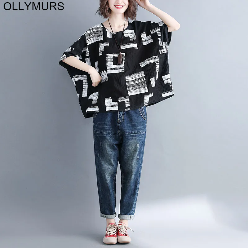 Женская футболка размера плюс клетчатая винтажная хлопковая льняная свободная