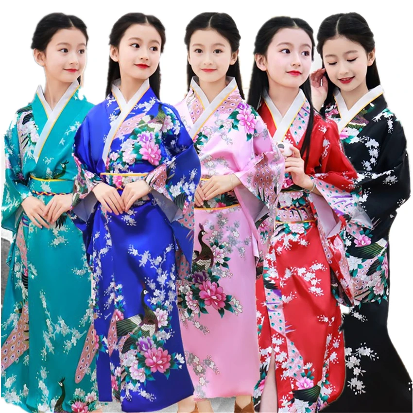 

2021 8Color Traditional Japanese Girls Kimono Asian Obi Dress Silk Print Peacock Long Sleeve Fashion Haori Clothing Kids Dresses