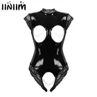 Женское нижнее белье, боди без бретелек с открытой грудью и металлической цепочкой, мокрый внешний вид, Клубная одежда из лакированной кожи, бюстгальтеры с открытой чашкой, кружевная отделка, Тедди