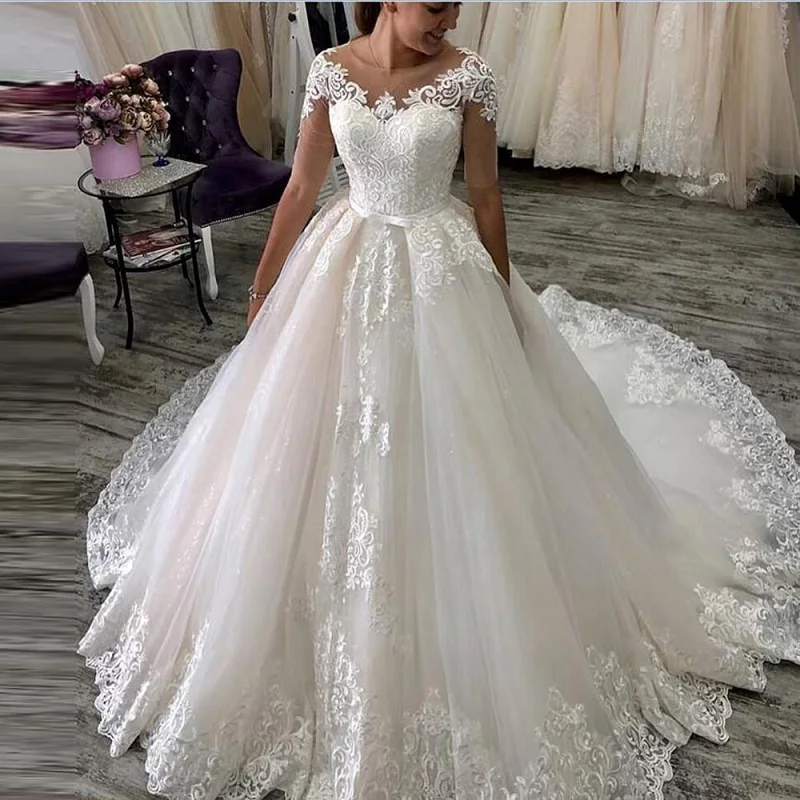 

Sheer Half Sleeves Ball Gown Wedding Dresses Pleated Ruched Puffy Lace Up Back Bridal Gowns Princess 2021 Robe De Mariee Spring