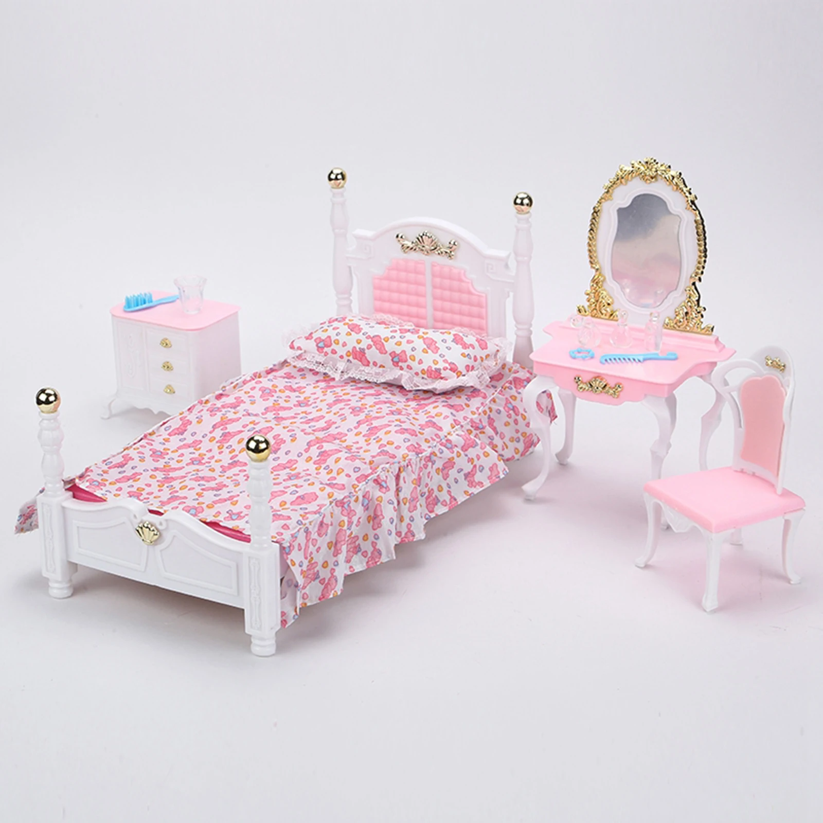 

Doll-House Pink Furniture, Mini Plastic Bedroom Furniture Set for Dollhouse Bed