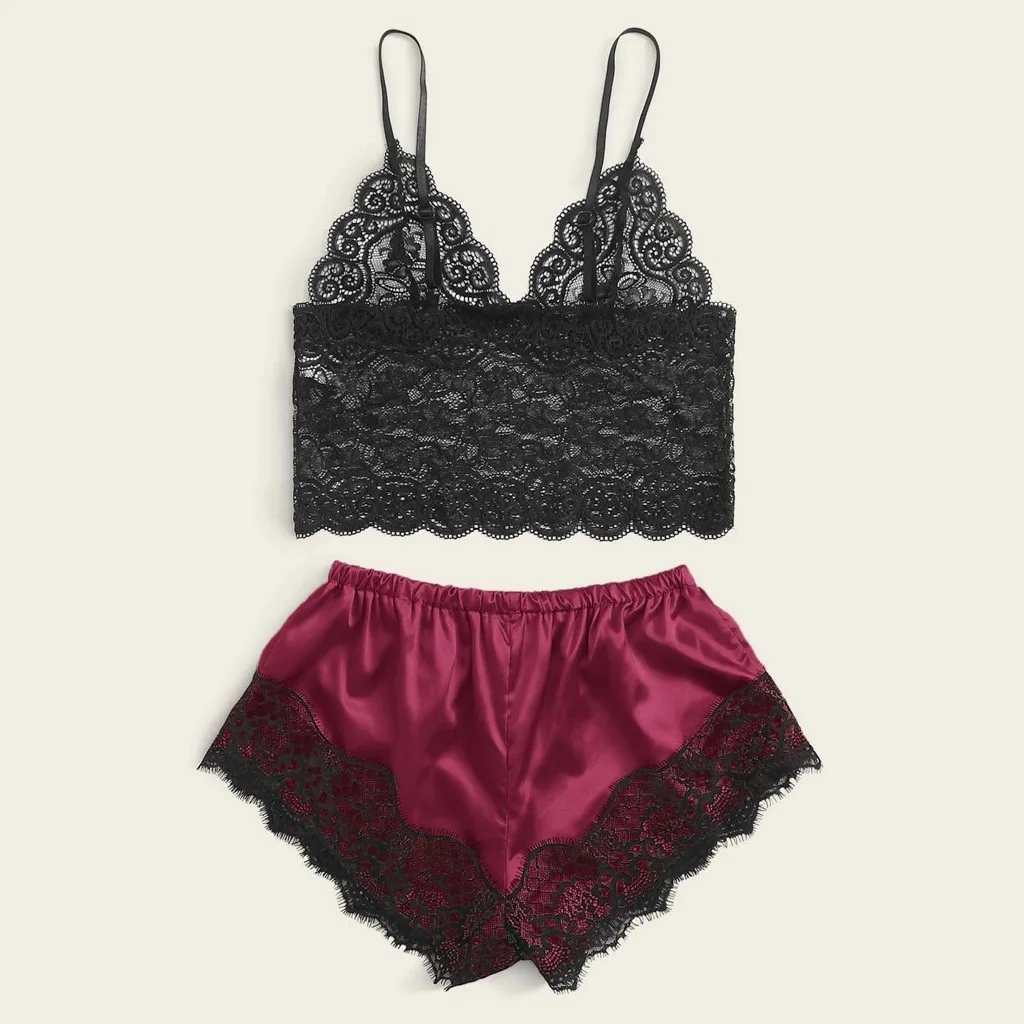 Sexy Lingerie Pyjamas Women Satin Sleepwear Lace Silk Print Cami Shorts Bow Bra Set Underwear Pyjama Femme Pizama Damska#W