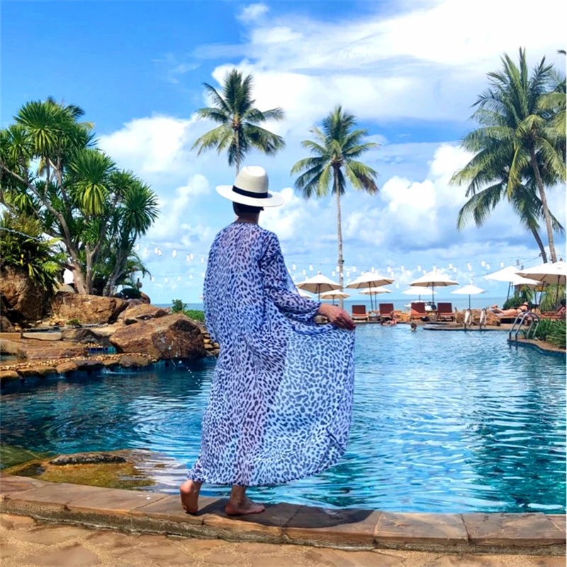 Леопардовая шифоновая Пляжная накидка туники для пляжа длинный кафтан бикини