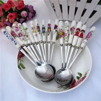 korean tableware bone china stainless steel spoon 21cm large spoon creative lovely ceramic long handle spoon