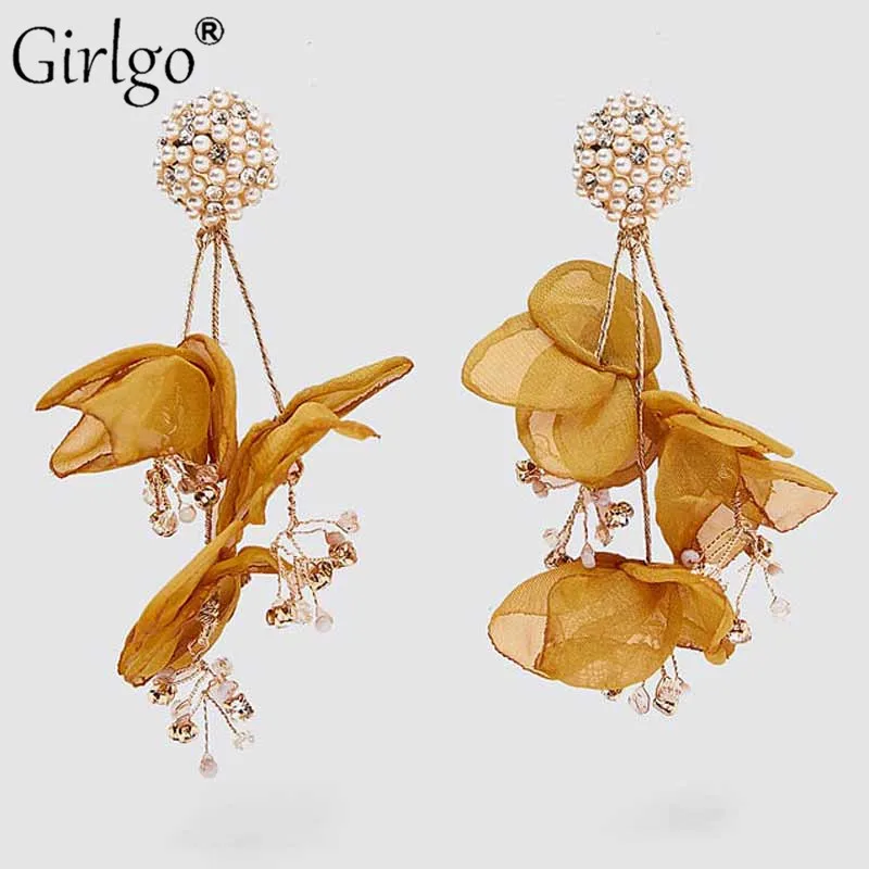 Серьги Girlgo в Корейском стиле с жемчугом и желтыми цветами элегантные милые