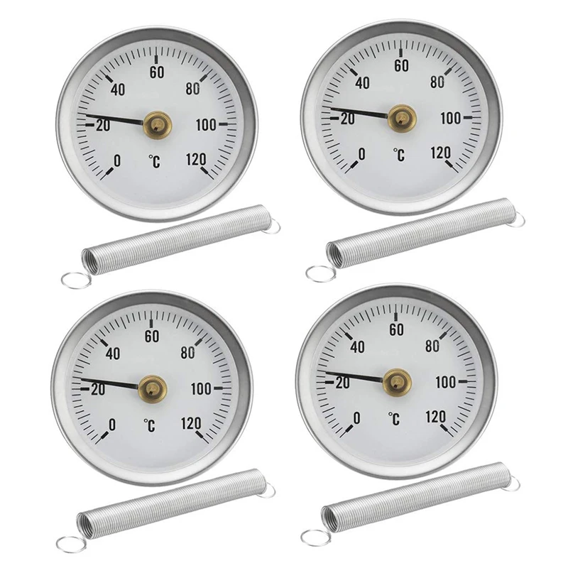 

4PCS Pipe Spring Clip-On Thermometer 63MM 0-120 ℃ Aluminium Temperature Gauge For Hot Water, Hvac. Heating, Oil Tanks