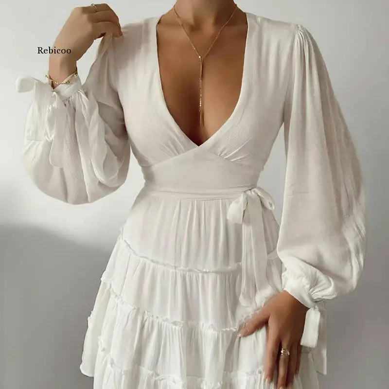 

Women Lantern Sleeve Tied Cuff Frill Hem Dress Mini Dress Elegant Dress