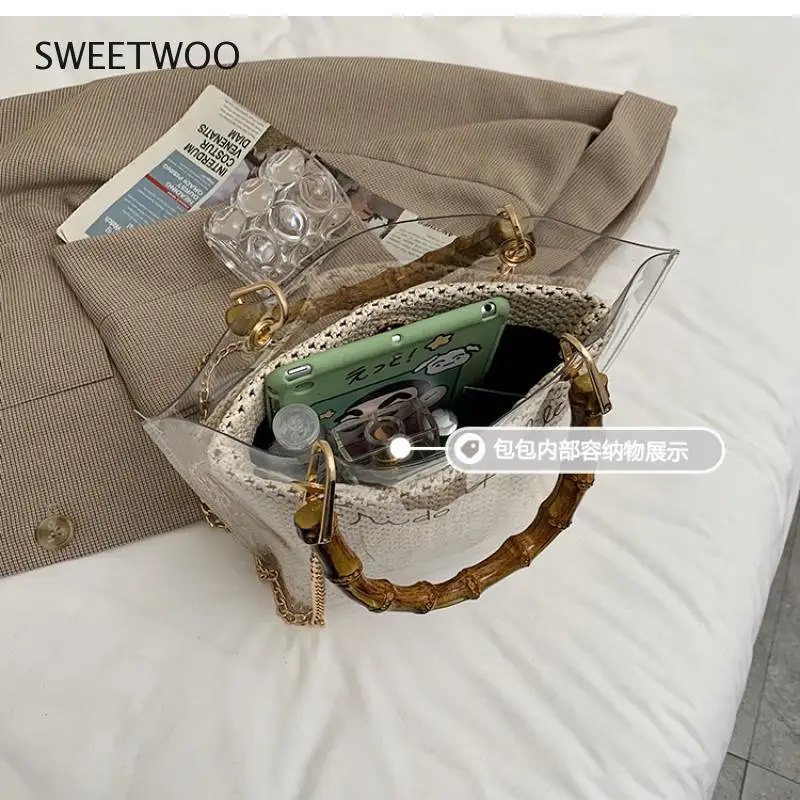 

Straw Knitted Handbag Women's Top-handle Bags 2021 Transparent Composite Bags Female Shoulder Bag Messenger Bolsos