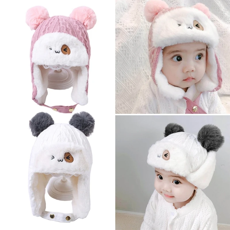 

Baby kid Winter Ear cap Cartoon Warm earflap Hat Beanie Thick Knitted Plush lining bonnet toque for toddler children