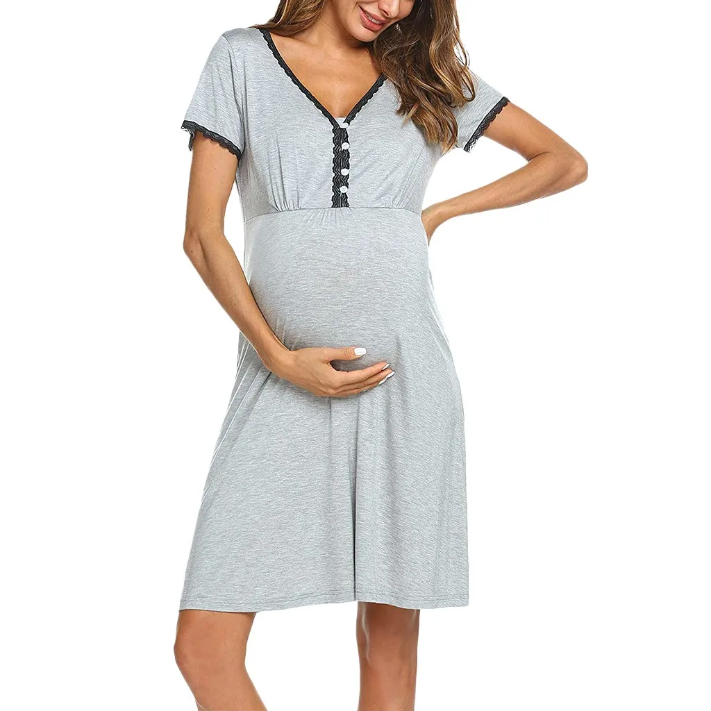 

Lace Pregnancy Dresses Women's Maternity Short Sleeve Nursing Dress Patchwork Breastfeeding Dress Pregnant Nightshirts Clothes