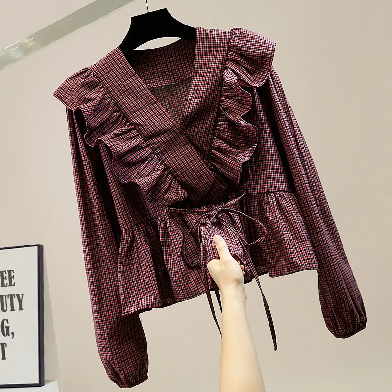 

Pleated Lotus Leaf Spliced Plaid Blouse Women's 2021 Spring New Sweet V-neck Waist-Controlled Bandage Shirt Femme Top Blusas