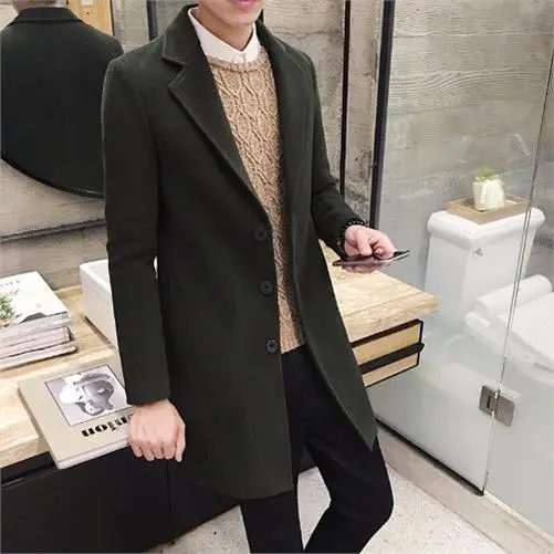 

2019 Man Woolen Overcoat Self-cultivation Long Fund Windbreaker Loose Coat Thick Increase Cotton manteau homme clothes Black