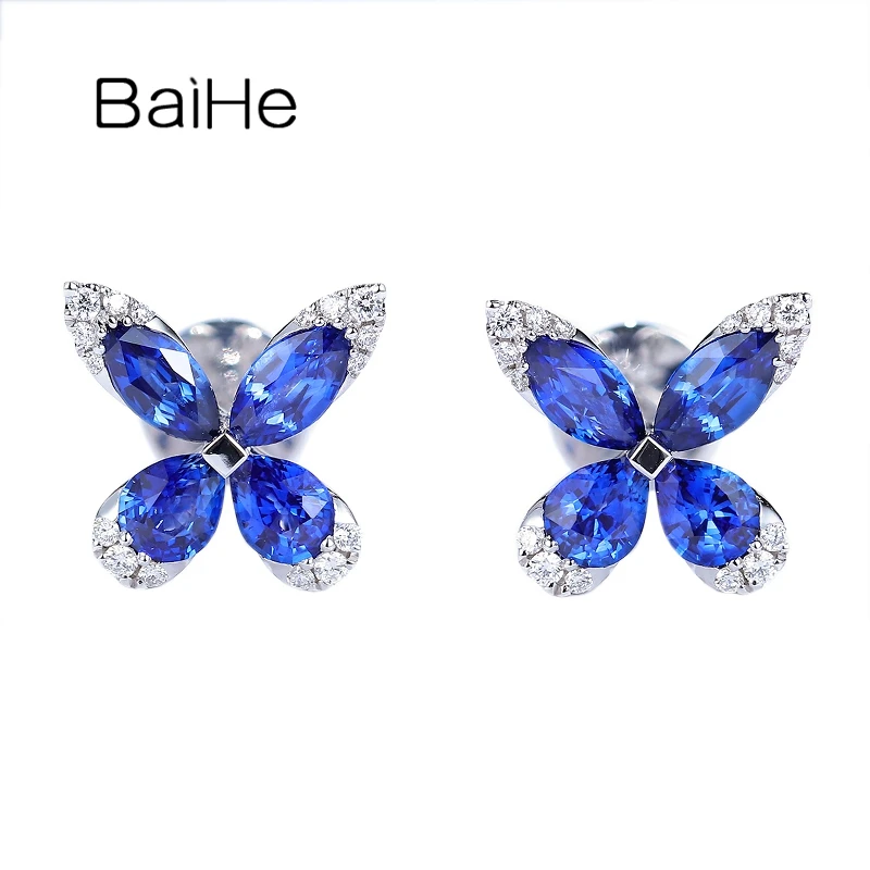 

BAIHE Solid 14K White Gold Natural Sapphire H/SI Diamond Butterfly Stud Earrings Women Fine Jewelry Aretes Subang Rama-rama