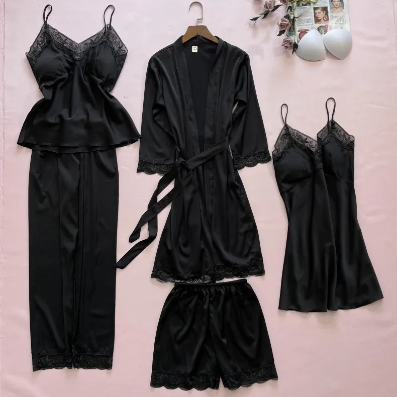 Комплект женский атласный с кружевной отделкой пикантная ночная рубашка кимоно