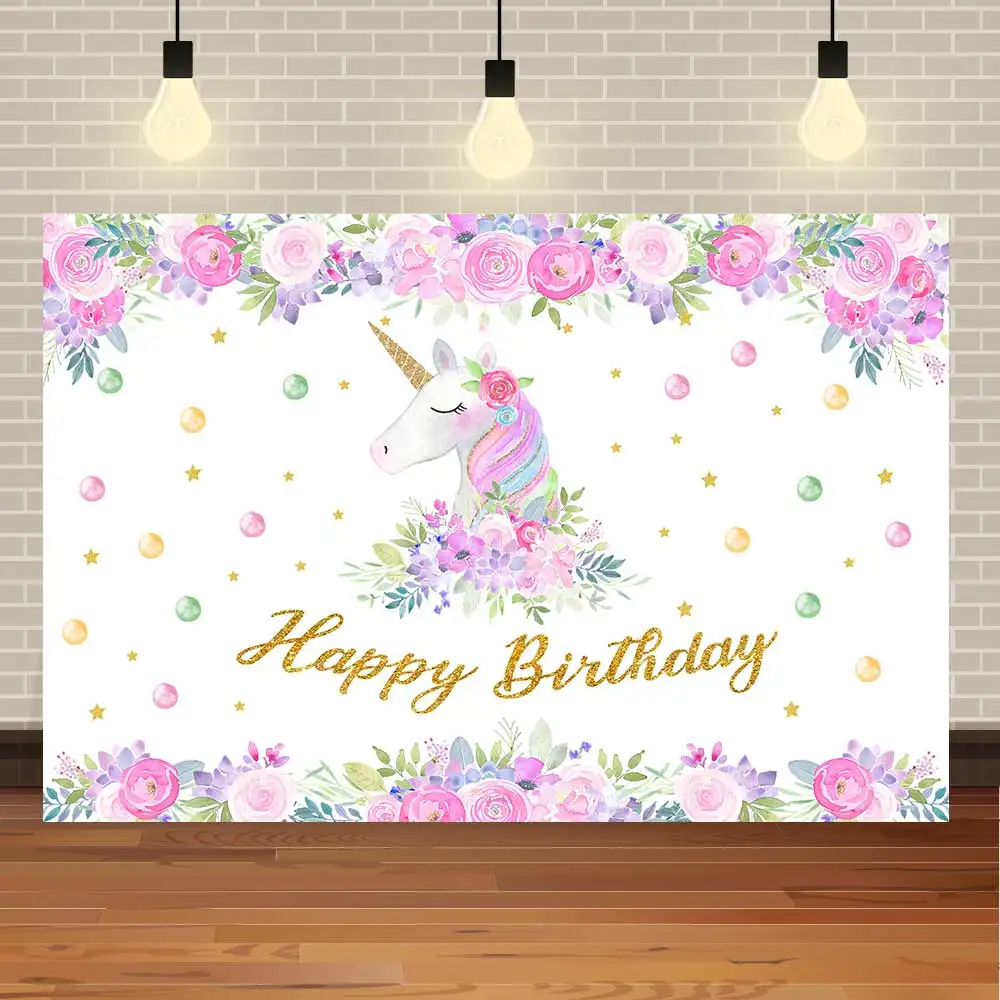 

NeoBack Happy Birthday Baby Shower Girl Fantasy Unicorn Bubble Watercolor Flower Banner Photo Backdrop Photography Background