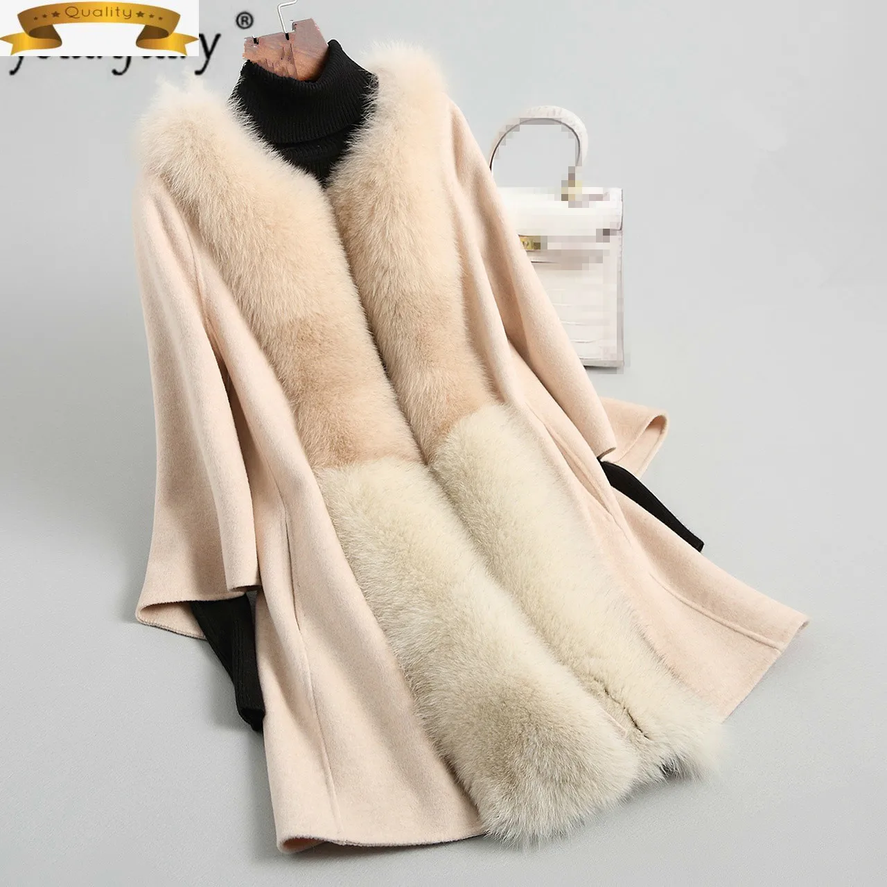 

Женская зимняя куртка, Осеннее шерстяное пальто с большим воротником из натурального Лисьего меха, корейское двухстороннее шерстяное паль...