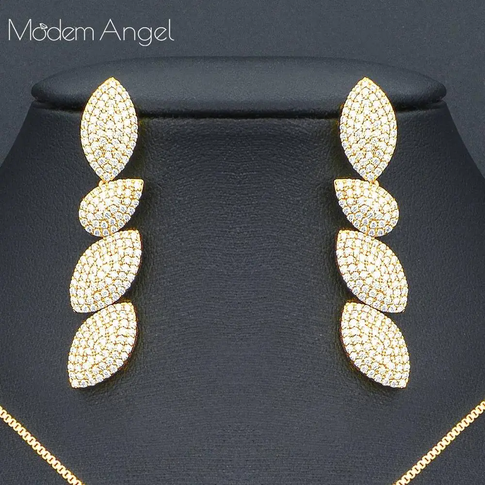 ModemAngel Luxury Geometry Elegant Design Cubic Zirconia Crystal Long Drop Earring Necklace Vintage Jewelry Set for Women | Украшения и