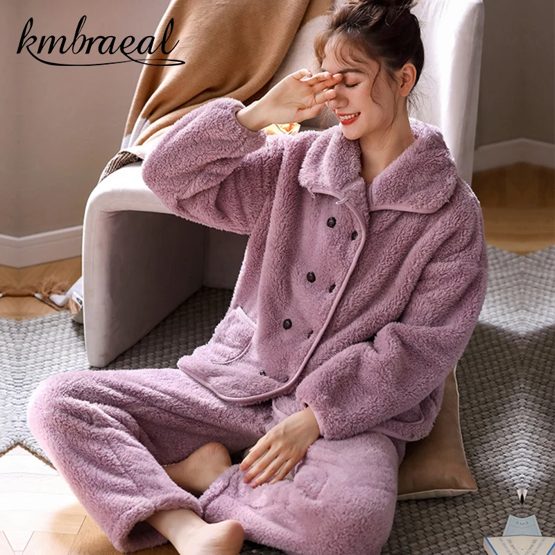 Pajama for Women Winter 2pcs Flannel Sleepwear Thick Good Quality Warm  Homewear Coral Fleece Coral Fleece Solid Color Plus Size