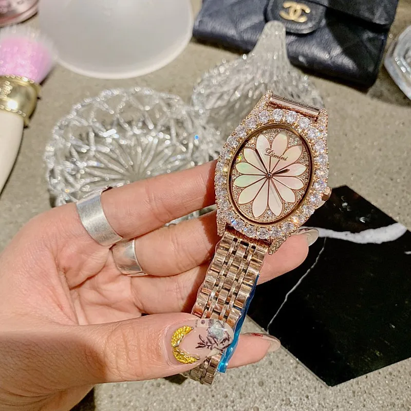 New Women Oval Watches Lady Rose Gold Quartz Watch Stainless Steel Rhinestone Diamond Wristwatches Girls Female relogio feminino