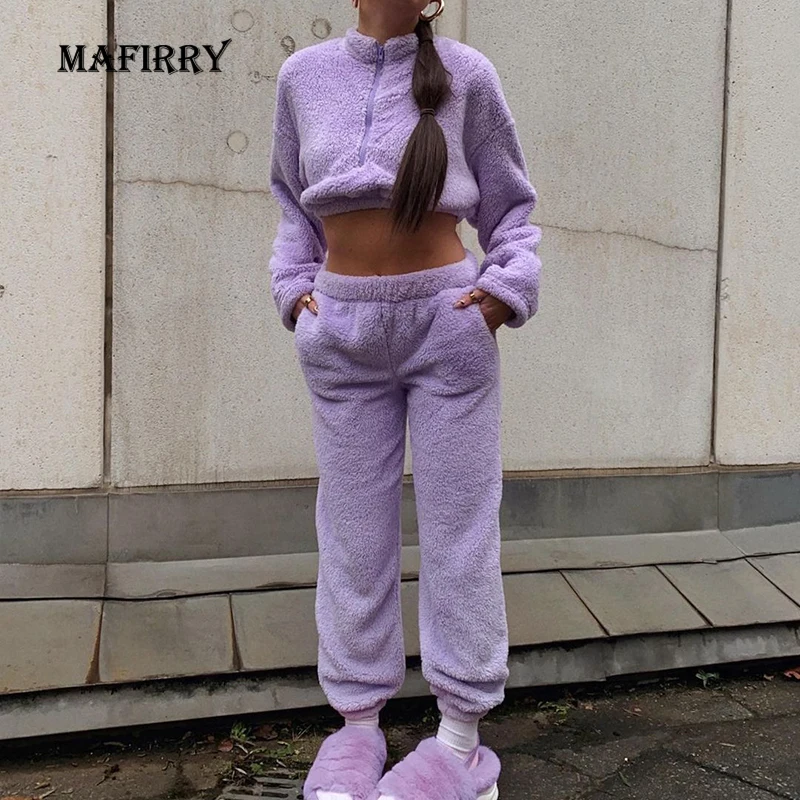 

2021 New Women Long Sleeve Short Top Trouser Suit Winter Casual Stand Collar Solid Pocket Ladies Outfit Plus Size 3XL Streetwear