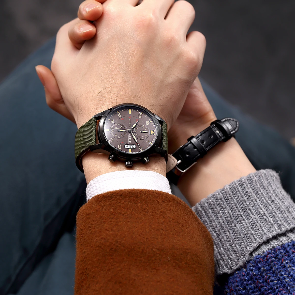 

New Fashion Luxury Mensports Watch Leather Canvas Strap Waterproof Multifunctional Business Men's Quartz Watch Relogio Masculino