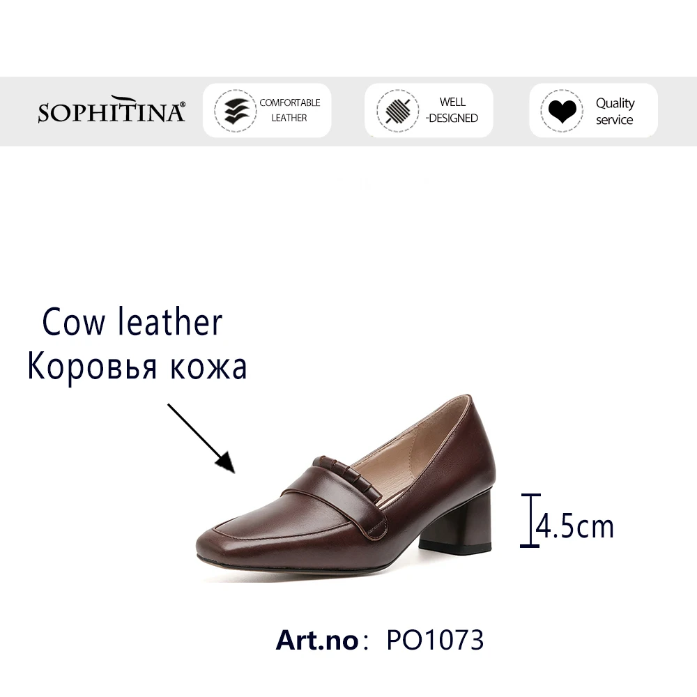 

SOPHITINA Pumps Woman Elegant Style Shallow Genuine Leather Square Toe Turn-over-edge Med Square Heel Dress Shoes PO1073