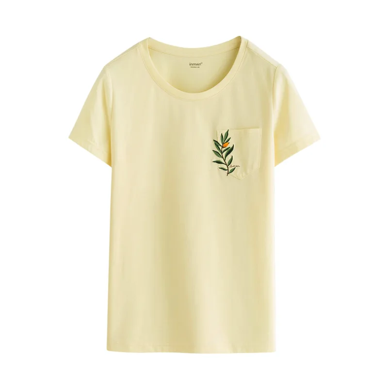 

INMAN Summer Women's T-Shirt Simple Comfortable Style Pocket Plant Embroidery Round Collar Short Sleeve Straight Female Top