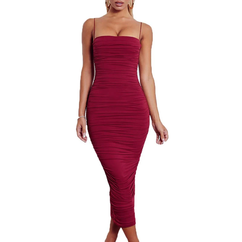 Summer Dress Women 2020 Elegant Backless Ruched Maxi Red Party Long Sexy Bodycon Dresses Ladies Night Clothes | Женская одежда