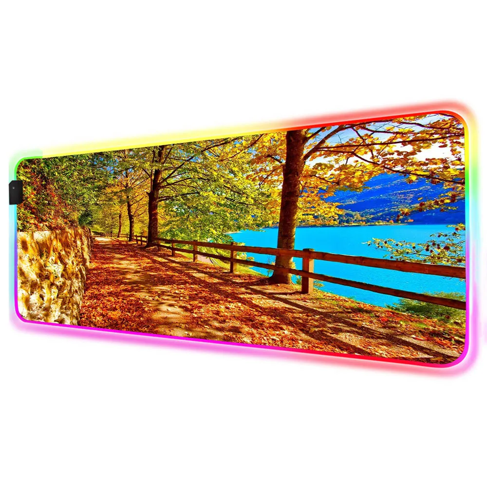

XGZ Scenery Autumn Scenery Pattern RGB Large Mousepad Gaming Accessories LED with USB Color Backlight XXL Computer Keyboard Desk