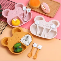 wheat straw tableware kids baby cute bear cutlery set with fork spoon children plate biodegradable learnning feeding dinerware