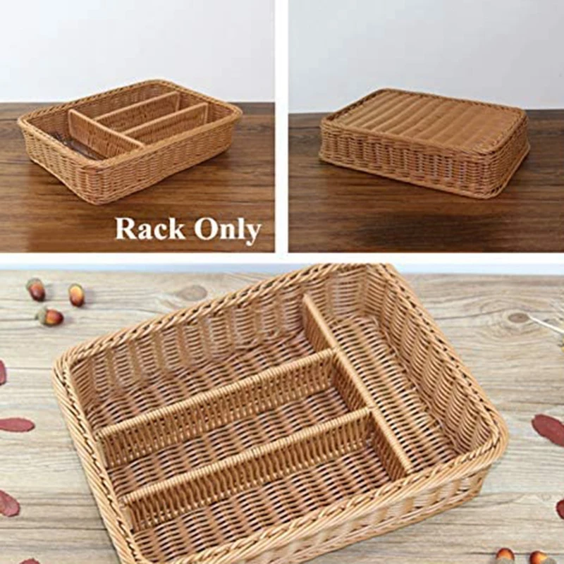 Kitchen Drawer Organizer Cutlery Storage Basket 4 Compartments Forks Knifes Rattan Tray | Дом и сад