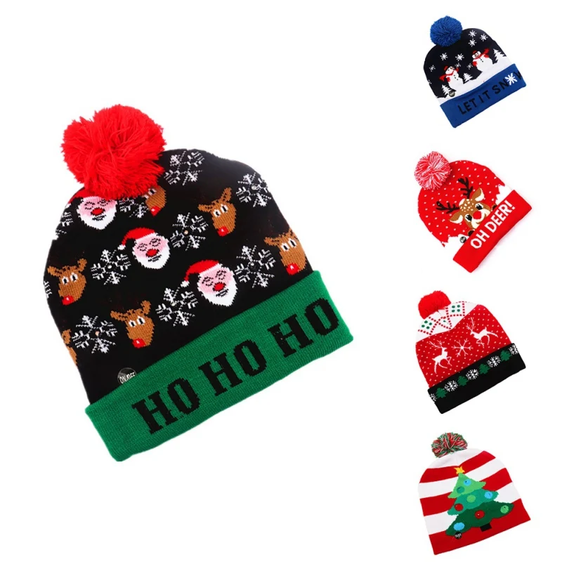 Светодиодная Рождественская вязаная шапка для взрослых детей цветная