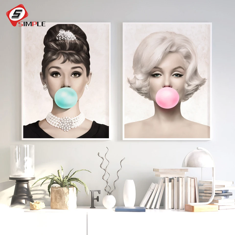 Мэрилин Монро Одри Хепберн пузырь Мода Холст Живопись Печать и плакат Настенные