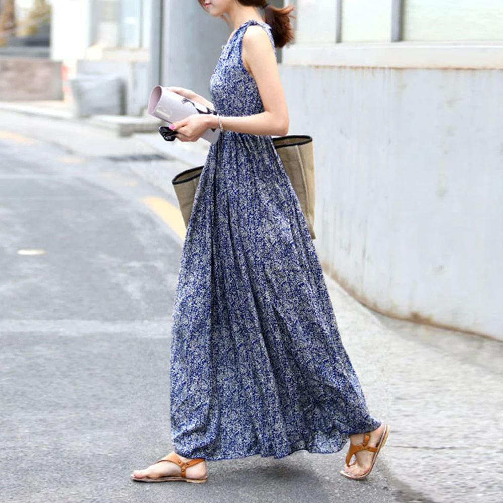 Корейское Длинное Платье женское богемное винтажное платье макси без рукавов с