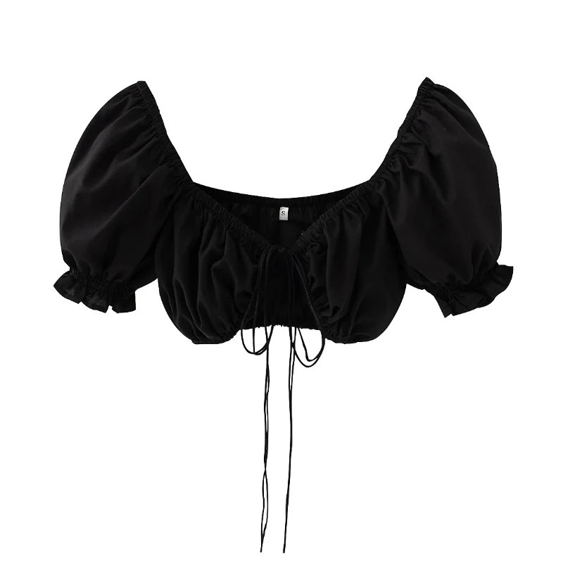 

Black White Lace Up Bow tie Sexy Short Blouse Women Summer 2021 Casual Puff Sleeve Small Shirts femme Crop Tops S7390