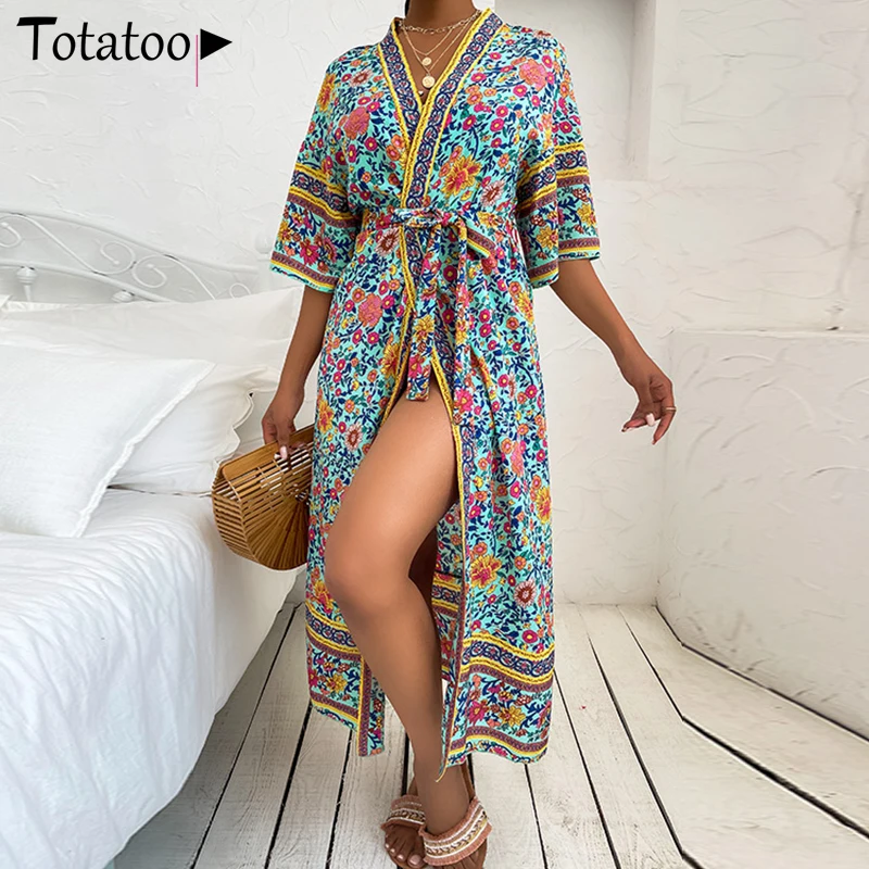 

Totatoop Summer Sexy Beach Cover Up Women Oversize Dress Tunic Pareos Floral Print V Neck Sash Bandage Ladies Robe Swimsuit