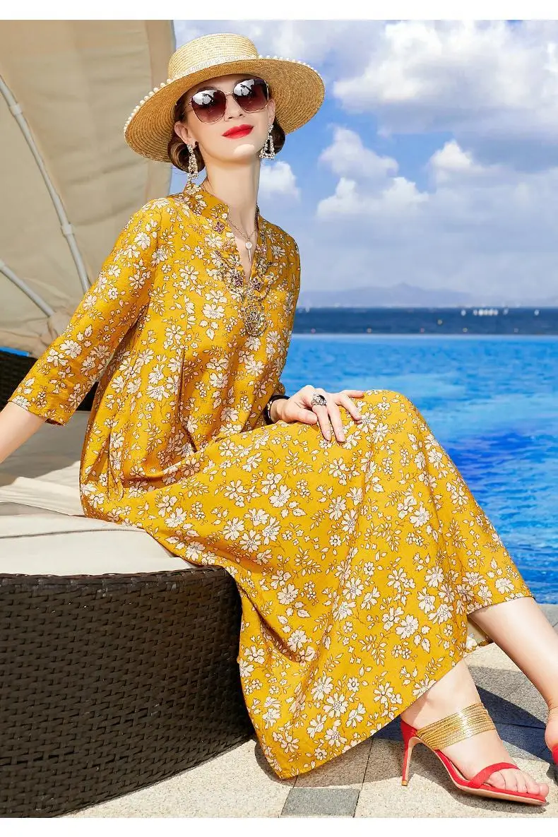 

2021 New Summer Women Fashion Casual V-Neck Beading Dresses Ladies Floral Print Dress Elegant Loose Plus Size Long Vestidos B16