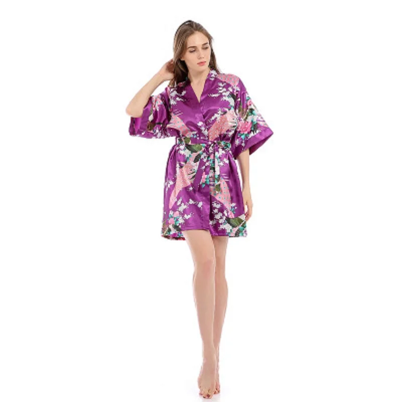 AECU2021 Spring New Ladies Silk Satin Thin Robe Comfort Fresh Style Floral Printed Sleepwear Sexy Nightgown Femme Satin Homewear