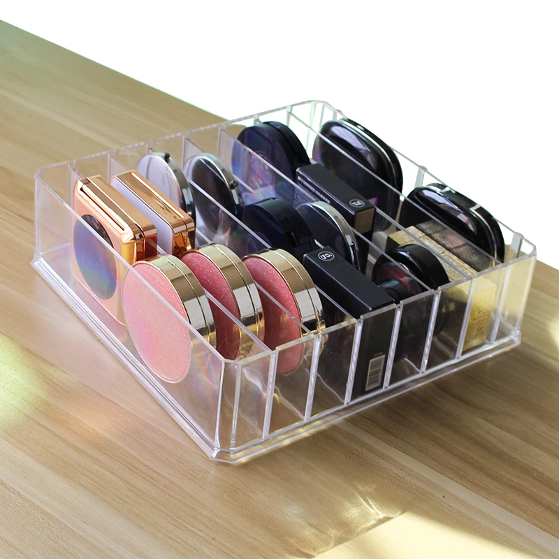 

Acrylic Makeup Organizer Transparent Puff Storage Box Eye Shadow Organizer Case 8 Slots Adjustable Cosmetic Holder Case