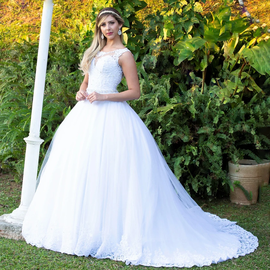 

Scoop Neck Sleeveless Ball Gowns Beading Sash Wedding Dress vestido de festa longo New Fashion Bridal Gown
