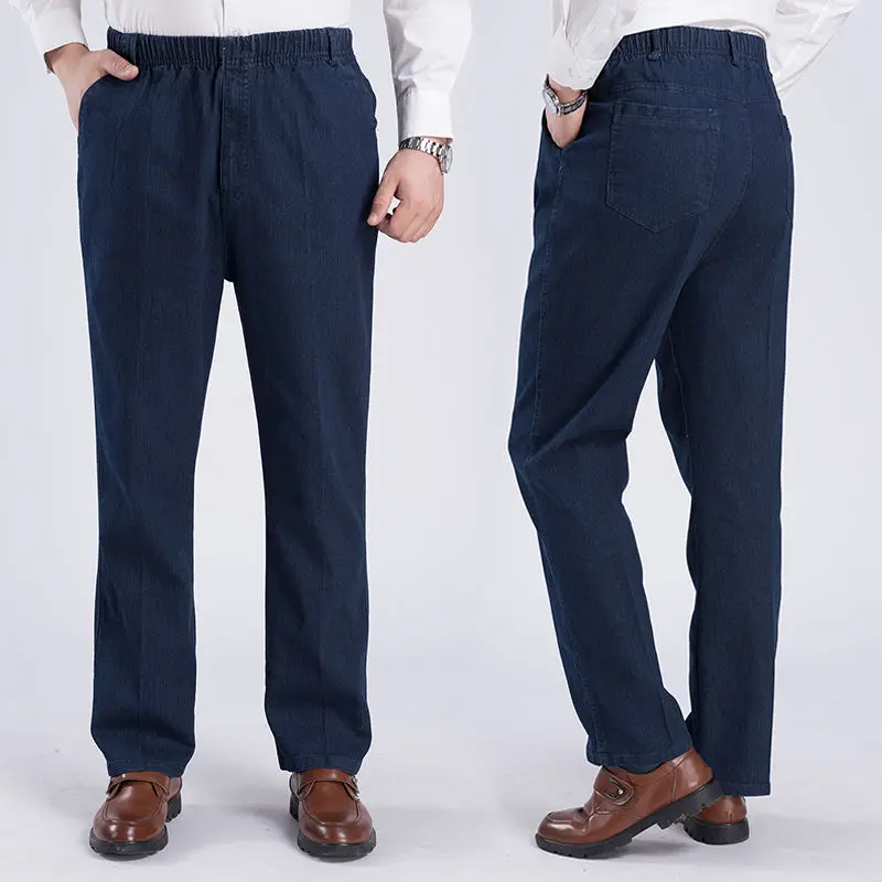 

Dad Men Business Plus Velvet Jeans Classic Autumn Winter Male Elastic Straight Stretch Brand Denim Pants Overalls Fit Trousers