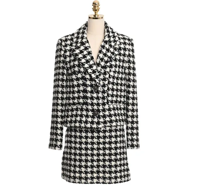 

New 2020 Autumn Two Piece Set Women Office Houndstooth Ladies Long Sleeve Tweed Jacket Coat+ Short Bodycon Skirt Suits