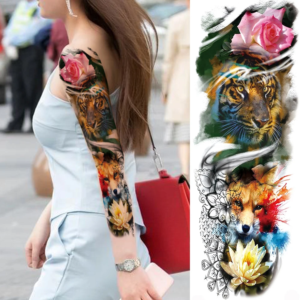 Свирепый лев Король тигр Временные татуировки для женщин мужчин полные руки и