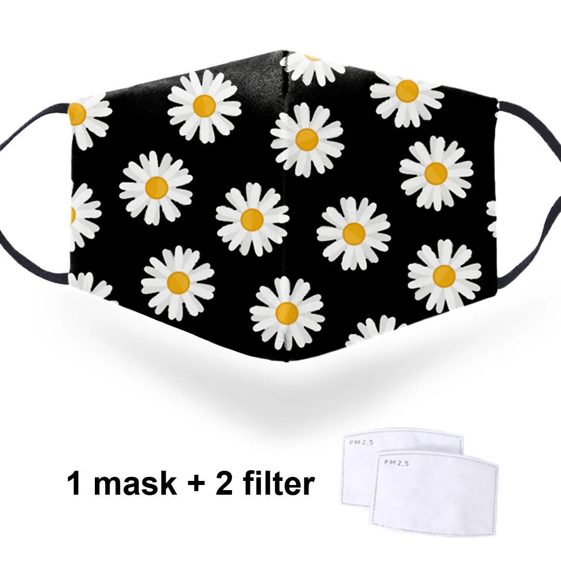 

Daisy Flower 3D Print Mask Dustproof Washable Adult Mouth Muffle with 2 Filters Masks Adjustable Windproof Male Anti Haze Masque