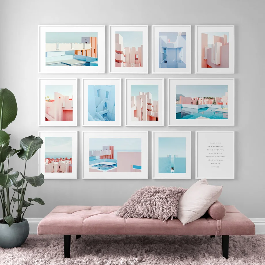 Розовый дом океан кокосовое дерево красная стена искусство холст живопись