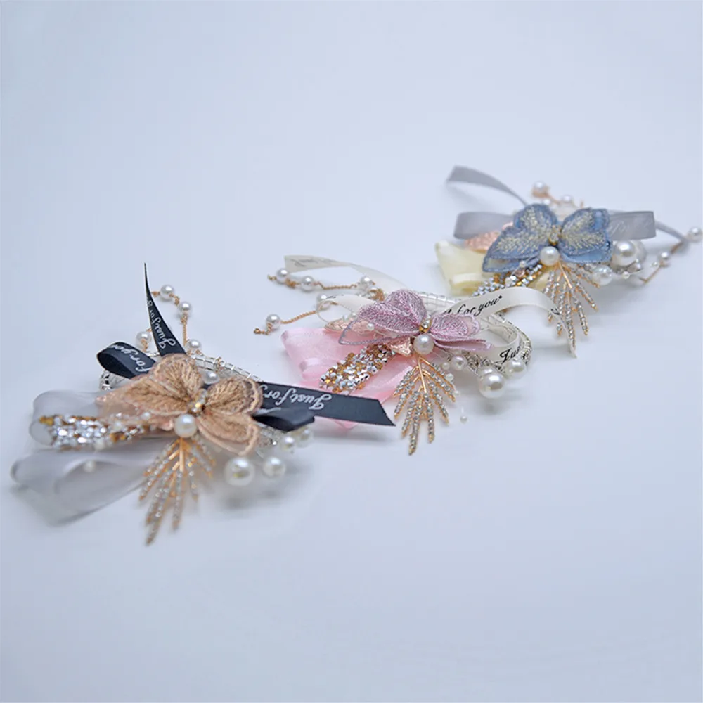 

H&S BRIDAL 3 Color Bridesmaid Wrist Corsage with Pearl Luxury Bracelet Silk Bride Wedding Decoration for Brides